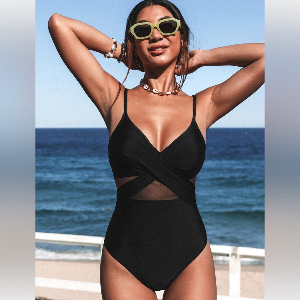Solid Mesh Wrap Front Cutout Black One Piece Swimsuit